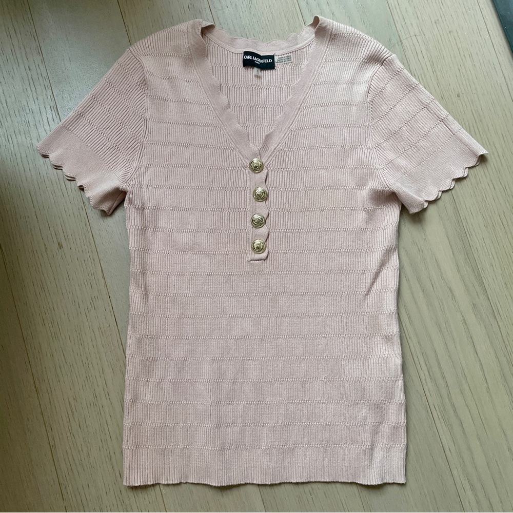 Karl Lagerfeld Paris Blush Pink Ribbed Scallop Sweater Medium